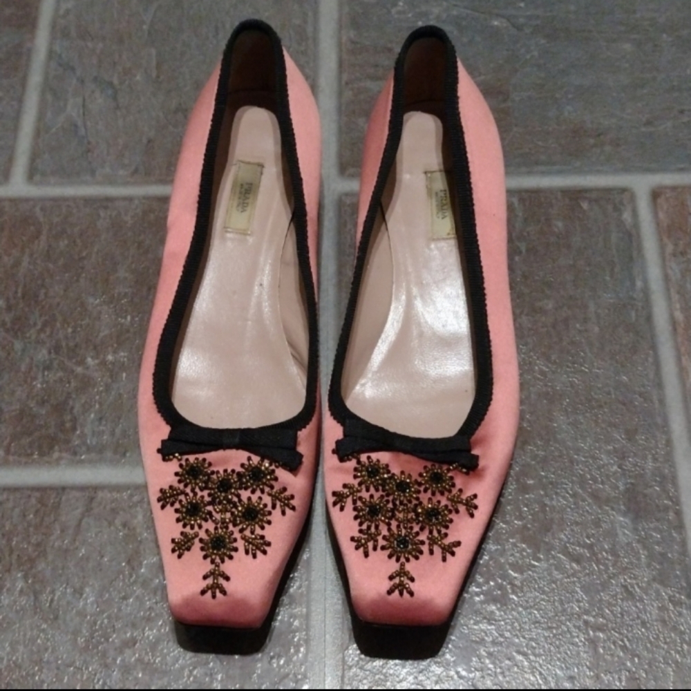 PRADA Ballerina RoseSilk Leather Bows Beads Sequins Square Toe kitten heel 37